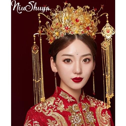 NiuShuya Traditional Chinese Bride Headdress Headband Metal Long Tassel Hairpins Hairwear Crown Hair Wedding Accessories Gold
