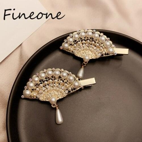 Fan Shaped Hair Clip Ladies Glitter Rhinestone Duckbill Hairpin Pearl Pendant Drop Barrettes