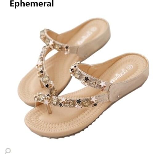 2018 New Arrivals Ladies Slippers Microfiber Soft Sole Flats Shoes Summer Flip Flops Luxury Rhinestones God Silver Plus Size 41