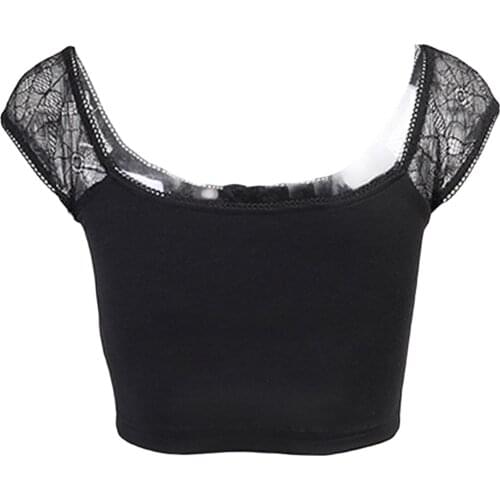 Women Close-fitting Sexy Crop Tops, Black Boat Neck Short Sleeve Lace Hem T-shirt, S/ M/ L