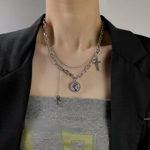 U-Magical Punk Stainless Steel Queen Coin Cross Pendant Necklace for Women Double Layer Asymmetry Delicate Necklace Jewelry