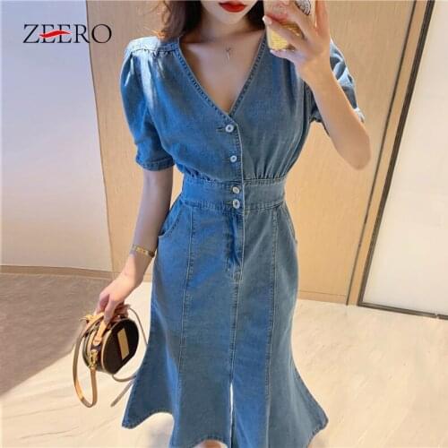 2020 Summer Korean Women Single Breasted V Neck Denim Dress Elegant Female Casual Mermaid Elastic Waist Party Midi Jean Dresses