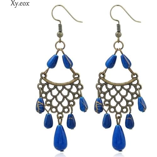 1pairs HollowOut Fish Scale Shaped Alloy Gold Plating Earrings Vintage Waterdrop Beads Retro Dangle Earrings Women