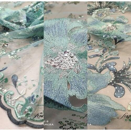2019 High Quality African Lace Fabric emerald blue French Net Embroidery Sequins Tulle Lace Fabric For Nigerian Party Dress