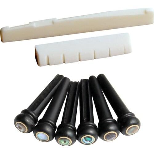 6 String Acoustic Guitar Bone Bridge Saddle and Nut and 6pcs Ebony Guitar Bridge Pins White+Black