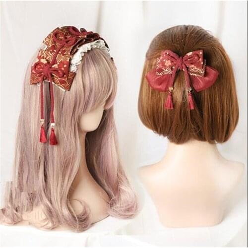Retro Kimono Bathrobe new year red Bow Headwear Accessories Lolita Cosplay Tassels Bowknot Side Clip Hairpin Hair hoop B1111