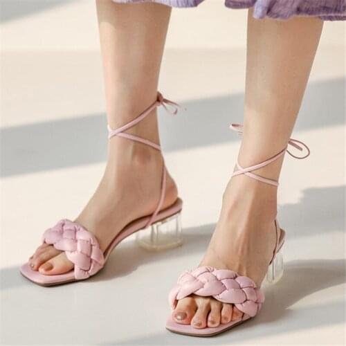 Transparent Heel Knit Women Sandals High Heels Square Toe Gladiators Sandals Summer Shoes Women Genuine Leather Shoes