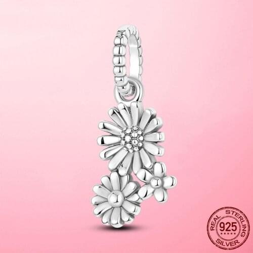 100% 925 Sterling Silver Daisy Flower Bouquet Dangle Charm Beads fit Original Pandora Charms Bracelet Pendant Necklace Jewelry