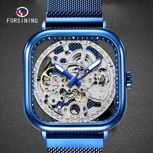 FORSINING Male Hollow Design Watch Blue Mens Clock Mesh Belt Simple Style Business Men Wristwatch 2020 Newest