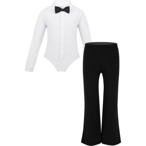 Kids Boys Dance Costume Outfit Long Sleeve Latin Dance Shirt Romper Leotard Bodysuit With Pants For Jazz Dance Stage Performance