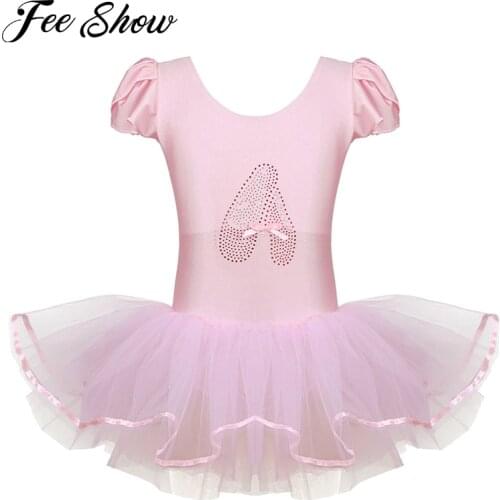 Children Girls Ballet Dress Dance Costume Ruffled Cap Sleeves Sequined Ballerina Shoe Ballet Dance Gymnastics Leotard Tutu Dress
