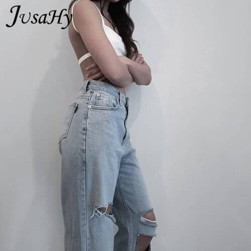 Jusahy Street Casual Jeans Women Baggy Trend High Waist Pants Wash Hole High Wasit Lady Loose Straight Jeans 2021 New