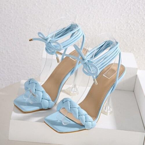 JLFPGV 2021 New Summer Fashion Design Weave Women Sandals Transparent Strange High heels Ladies Sandals Open Toe Shoes