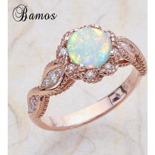 Bamos Simple White Fire Opal Flower Finger Ring Vintage Rose Gold Color Engagement Rings Wedding Bands For Women Unique Jewelry
