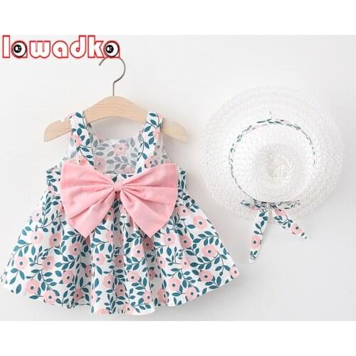 Lawadka Baby Girls Clothes Summer Baby Dresses For Girls Casual Bow Mini Dress And Hat 2Pcs Print Floral Kids Clothing Outfit