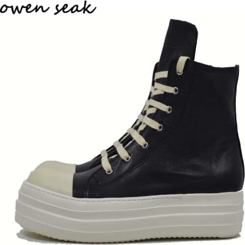 Owen Seak Men Leather Chelsea Boots Luxury Trainers Casual Women Shoes Height Increasing High-TOP Flats Black Autumn Sneakers