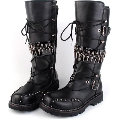Mens Leather Motorcycle Boots Mid-calf Military Combat Boots Gothic Belt Punk Boots Men Shoes Tactical Army Boots Skull Boots