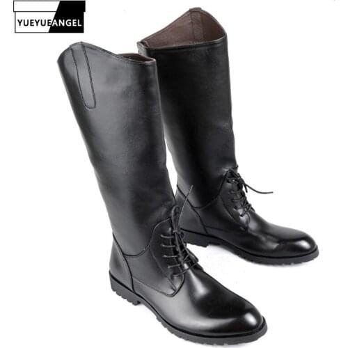 New Fashion Pointed Toe Riding Boots Men PU Leather Lace Up Motorcycle High Boots Large Size 10 High Quality Military Boot Shoes