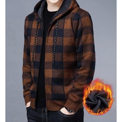 Mens Sweater Coat 2021 Autumn Winter Clothes Thick Warm Hooded Plaid Wool Sweater Cardigan Jumpers Zipper Fleece Coat Men Y144