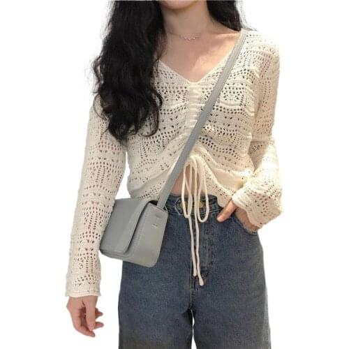 Solid V-Neck Knitted Ruched Jumpers for Woman Plus Size Long Sleeve Ladies Crop Tops Casual Female Hollow Out Thin Knit Sweaters