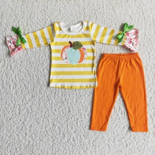 Fall/Winter Baby Girls Thanksgiving Pumpkin Set Long Sleeve with Bowknot 100% Cotton Orange Straight Pants
