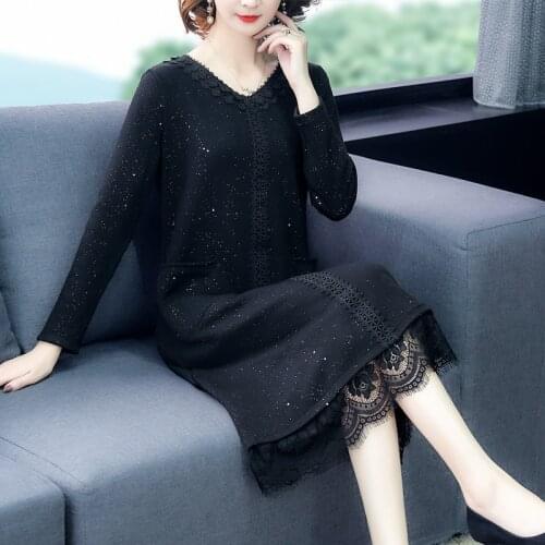 Autumn Black 5XL Plus Size Knitting Lace Sequins Dress 2021 Spring Vintage Casual Midi Dress Women Bodycon Elegant Party Vestido