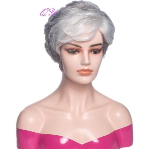 QY Short Wig Grey Hair With White Bangs Synthetic Women Natural Pretty New Hairstyle Curly Hair Daily use