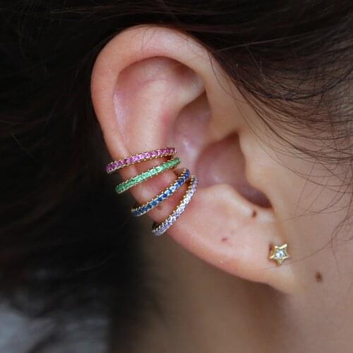 Rainbow cz ear cuff clip earring real 925 silver women girl cute circle ear line jewelry pave delicate micro cz fine trendy gift