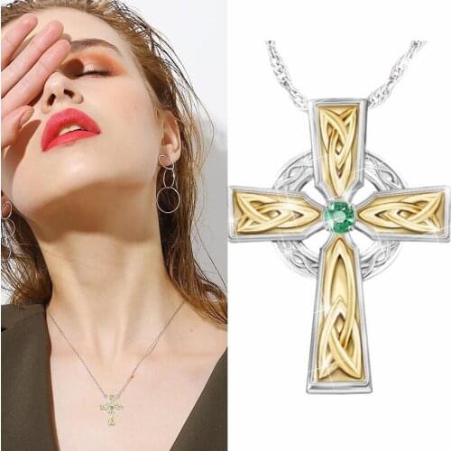 Religion 2pcs/set Party Gift Cross Green Rhinestone Religious Blessing Necklace Ring Set