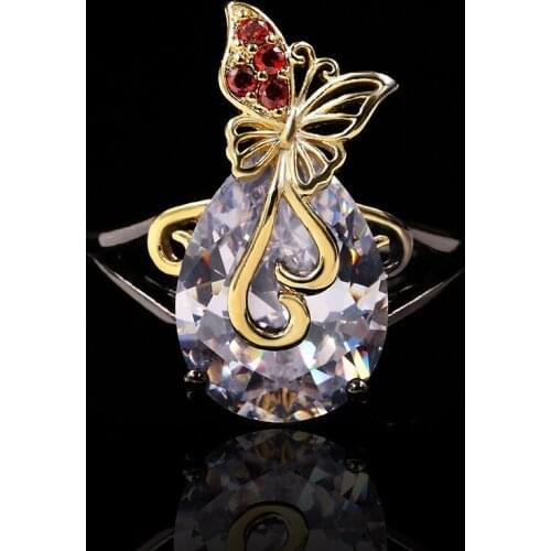 18K gold luxury butterfly water drop super 6A large zircon two-color knot shape ladies prom diamond wedding ring jewelry