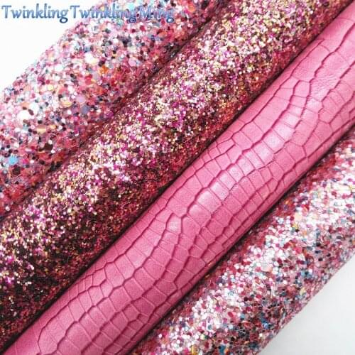 PINK Glitter Fabric, Crocodile Faux Leather Fabric, Synthetic Leather Fabric Sheets For Bows A4 8"x11" Twinkling Ming XM174