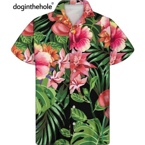 Doginthehole Mens Summer Fashion Hawaii Shirt Harajuku Tropical Flowers Leaves Print Short Sleeve Loose Tunic Top Chemise Homme