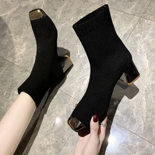 Sleeve sock boots stretch cloth womens boots British style womens shoes Martin boots square toe thick heel short boots X907