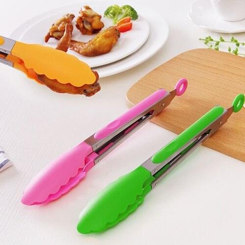 Silicone Kitchen Food Clip Cooking Salad Serving BBQ Tongs Stainless Steel Handle-Utensil Color Random