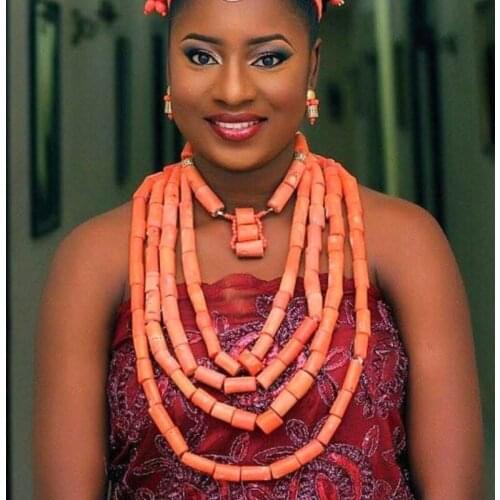 Dudo Jewelry New Design African Jewellery 100 % Nature Coral Beads Jewelry Set 5 Layers Edo Bridal Necklace Jewelry Set 2019