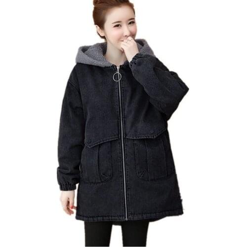 Winter Clothes Women Lamb Fur Lined Coat Hooded Black Denim Jacket Casual Jeans Coat Female Thick Warm Denim Jacket X201