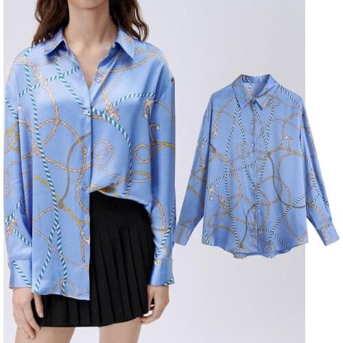 Lapel Long Sleeve Chain Print Single-breasted Chic Womens Shirt Casual Drape Loose Western Style Female Tops