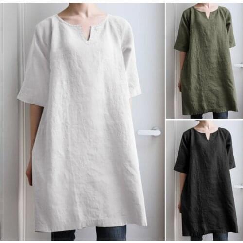 Womens round neck short-sleeved solid color cotton and linen series over-the-knee skirt