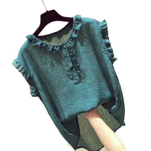 Womens Spring Summer Style Chiffon Blouses Shirt Womens Solid Color Short Sleeve Ruffles Button Elegant Patchwork Tops SP019