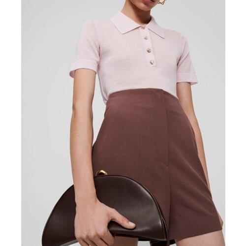 Women Knitted T Shirt Ladies Short Sleeve Turn-Down Collar Wool Tee Female Fashion Knitwear t-shirts With Buttons 2021 New