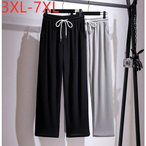 New 2021 Ladies Summer Plus Size Long Pants For Women Large Loose Straight Black Gray Wide Leg Belt Trousers 3XL 4XL 5XL 6XL 7XL