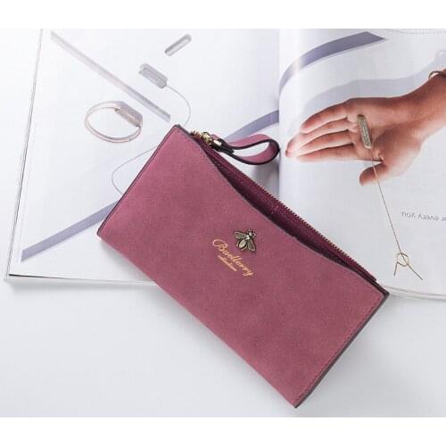 Ladies long abrasive leather purse folding large capacity wallet multi clip thin zipper holding