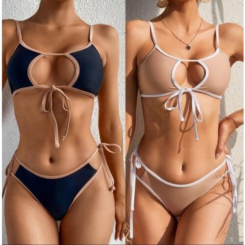Sexy Splicing Cut Out Bikini Women Swimwear Two-pieces Bikini set Mid Waist Swimsuit Lady