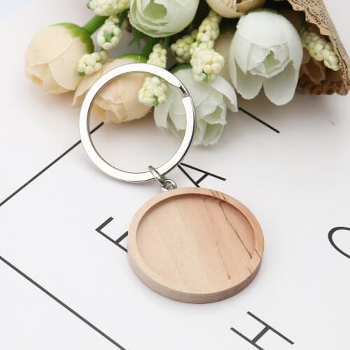 1pc 3.2cm Wood Cabochon Stainless Steel Keychain Base Settings Diy Blank Wooden Cameo Trays For Key Chain Jewelry Making