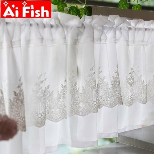 White embroidery half curtain punch-free half-cut curtain double-layer lace embroidery partition kitchen tulle drapes MY468-3