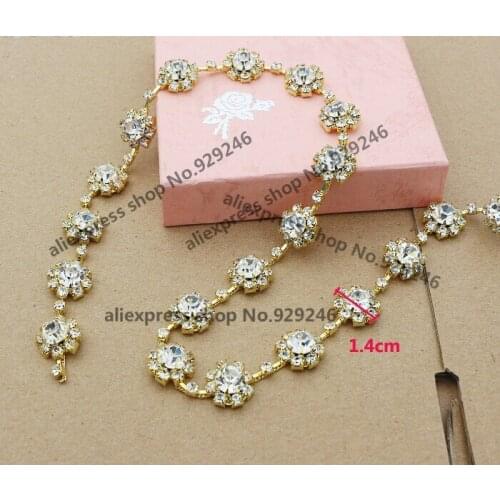 Free shipping 1 yard shiny clear crystal rhinestone gold chain trims sewing-on flower rhinestone applique garment decoration