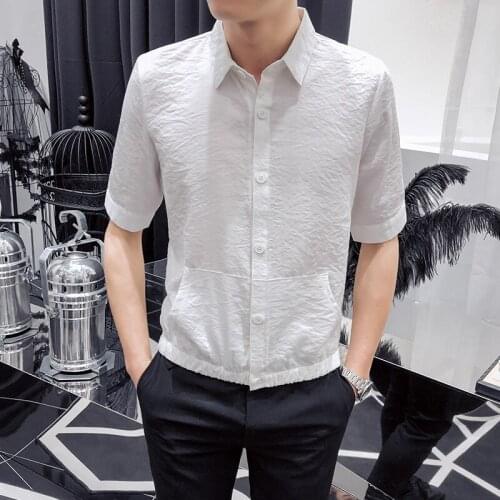 Black/White Summer Front Pockets Half Sleeve Shirts For Men Clothing 2021 Simple Solid Slim Fit Thin Casual Blouse Homme 3XL-M
