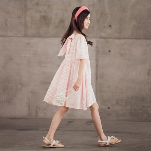 Girls Dress Elegant Summer Kids Dresses for Girl Short Sleeve Plaid Princess Costume 4 To 16 Years Cotton Childrens Clothing