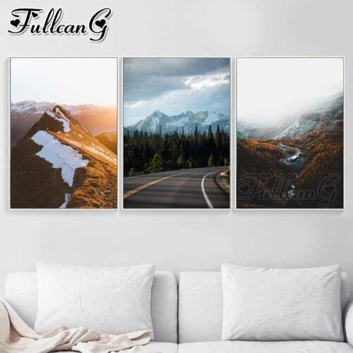 FULLCANG 5d diy diamond embroidery snow mountain road scenery diamond painting triptych full square round drill decor FC3399