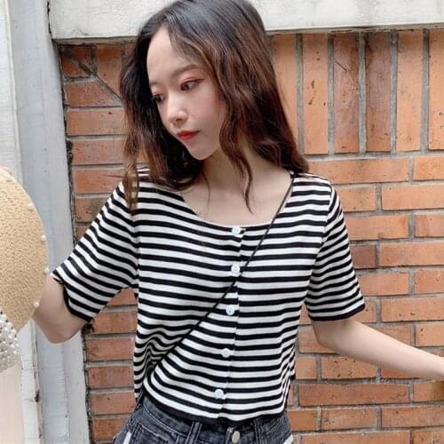 Striped T-Shirt Summer Womens Casual Short Sleeve Single Breasted Casual Round Neck Slim Knitted Crop Top